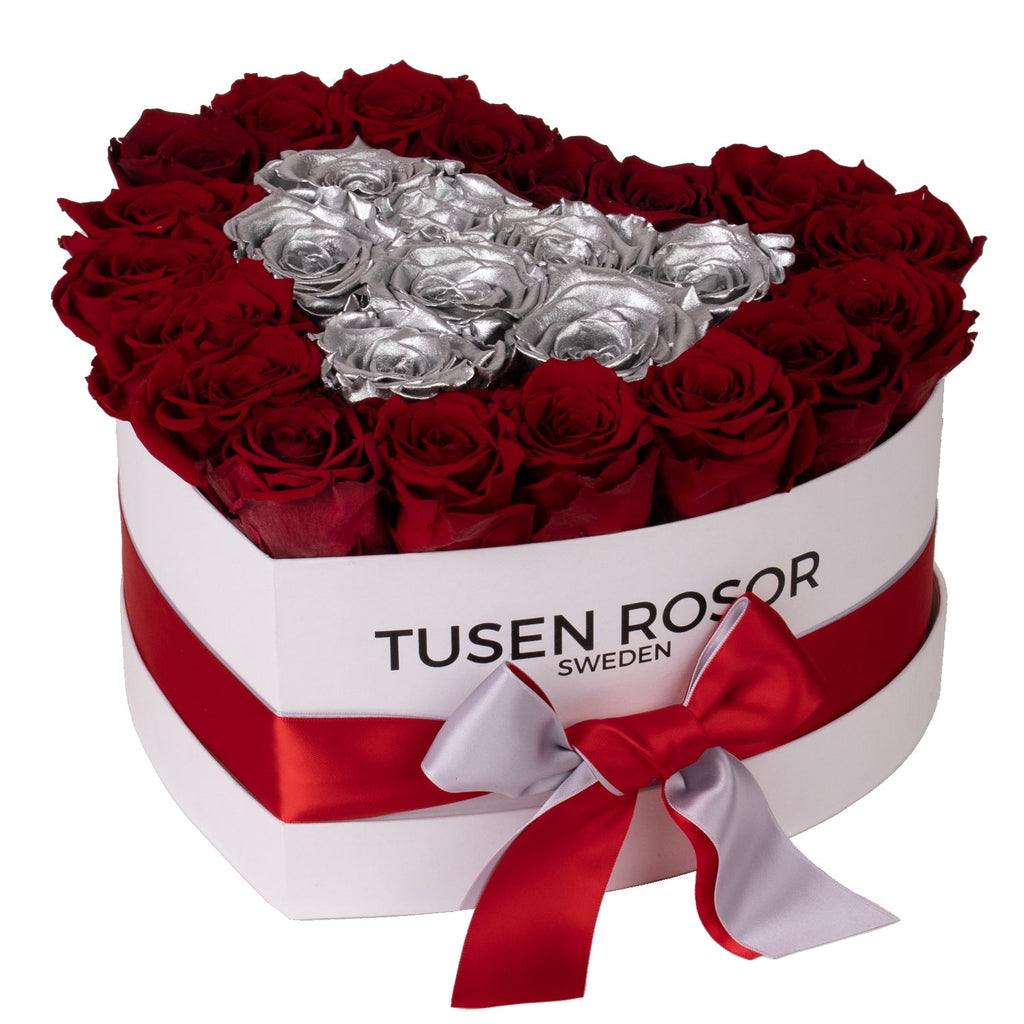 Röda & silver rosor | Hjärtbox Tusen rosor